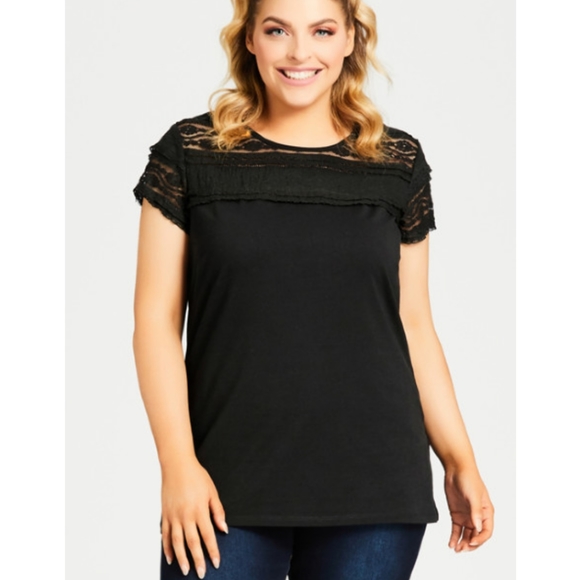 Loralette (Avenue) Black Lace Detail Top 1X - Picture 1 of 4